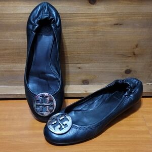 Tory Burch Black Leather  Reva Ballet Flats